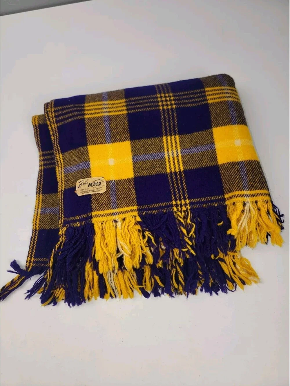 Vtg Faribo 100% Wool Throw Blanket Fringe Afghan Faribault Purple Gold 100 Yr **